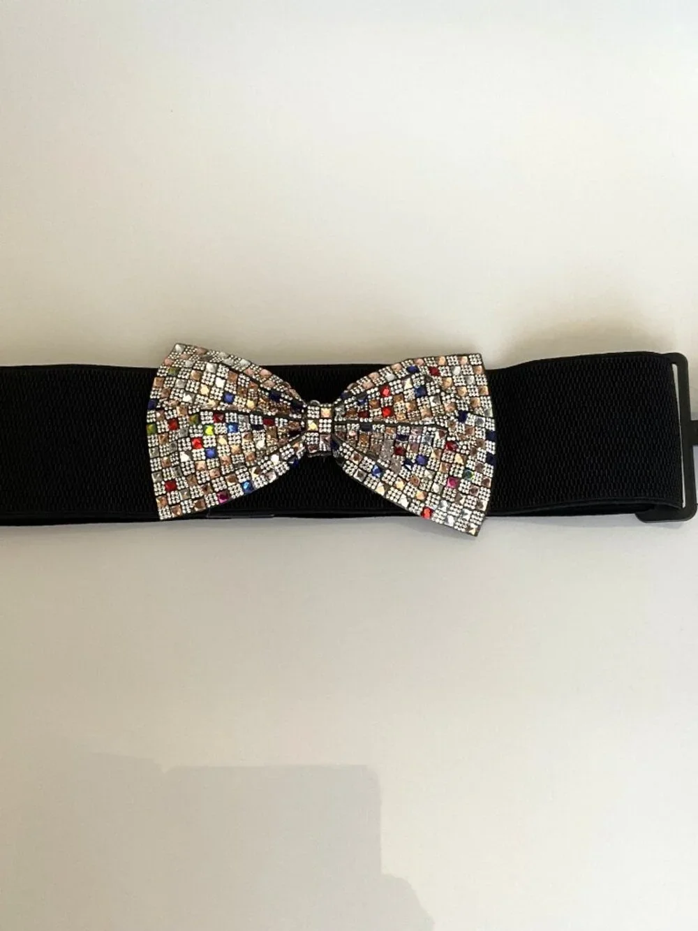 NWT Y2K Glam Multicolor Rhinestone Bow Elastic Waist Belt Black M/L Party